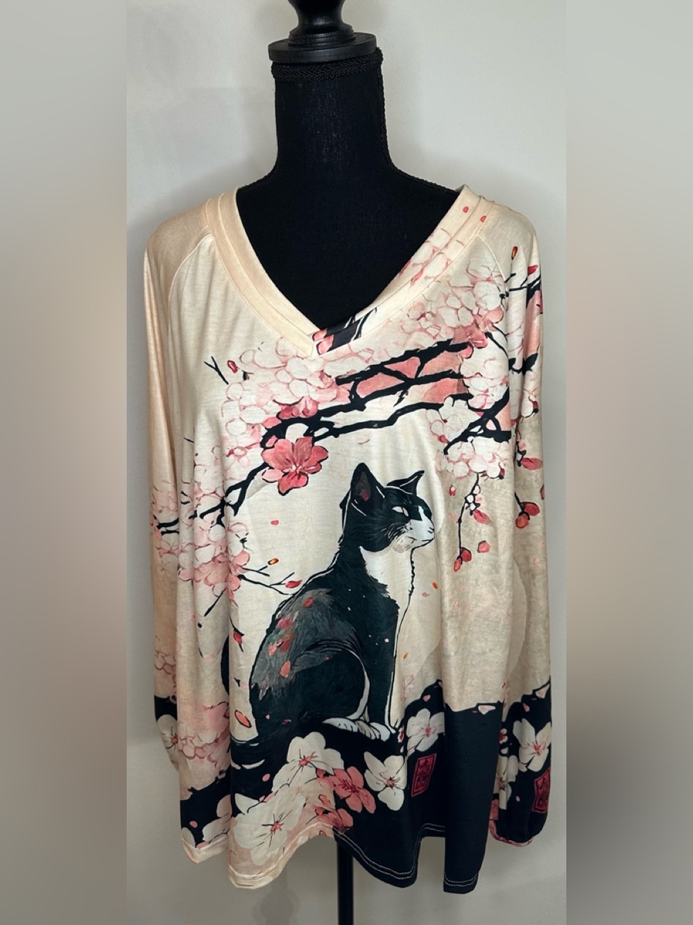 Cream Color Cherry Blossom Cat Print V-Neck Top - Size XL